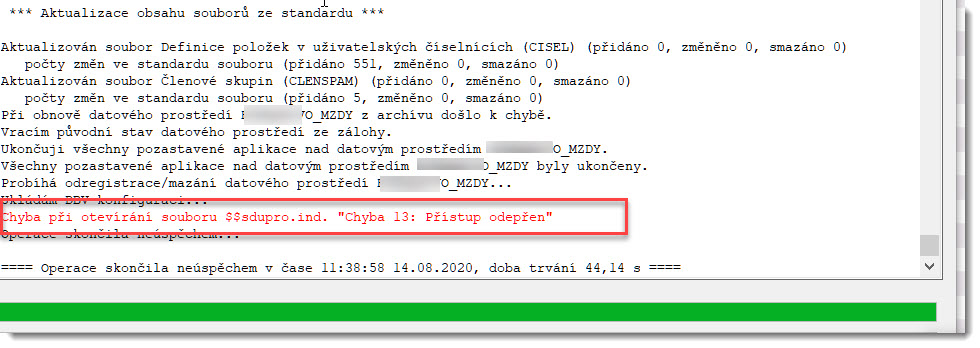 Chyba obnovy archívu